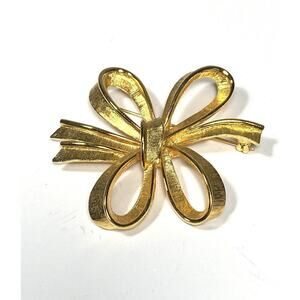MONET Brooch Bow Ribbons Gold Tone Pin Vintage Signed